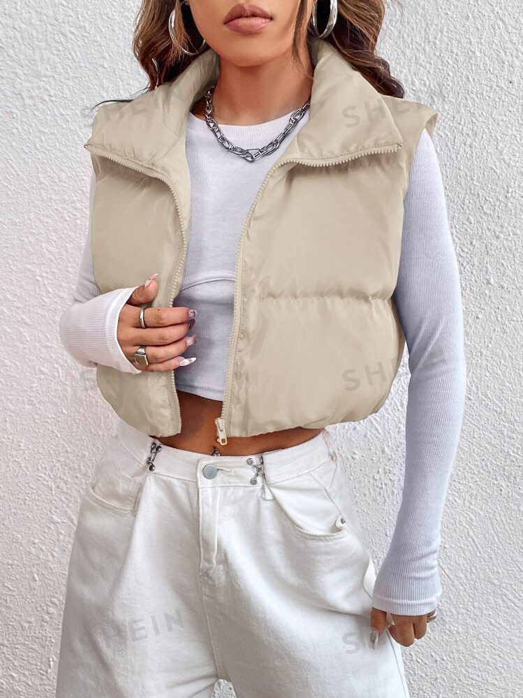 SHEIN EZwear Zipper Front Vest Puffer Khaki Coat | SHEIN USA | SHEIN