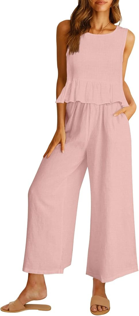 AUTOMET Women's Summer 2 Piece Outfits Linen Crop Tank Top Lounge Matching Sets & Long Pants Trac... | Amazon (US)