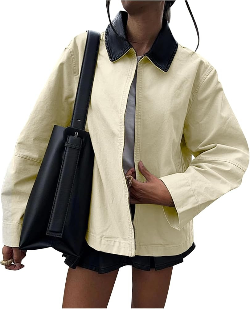 COZYPOIN Womens Lightweight Jacket Contrast PU Leather Zip Up Utility Cargo Barn Coat Fall Canvas... | Amazon (US)
