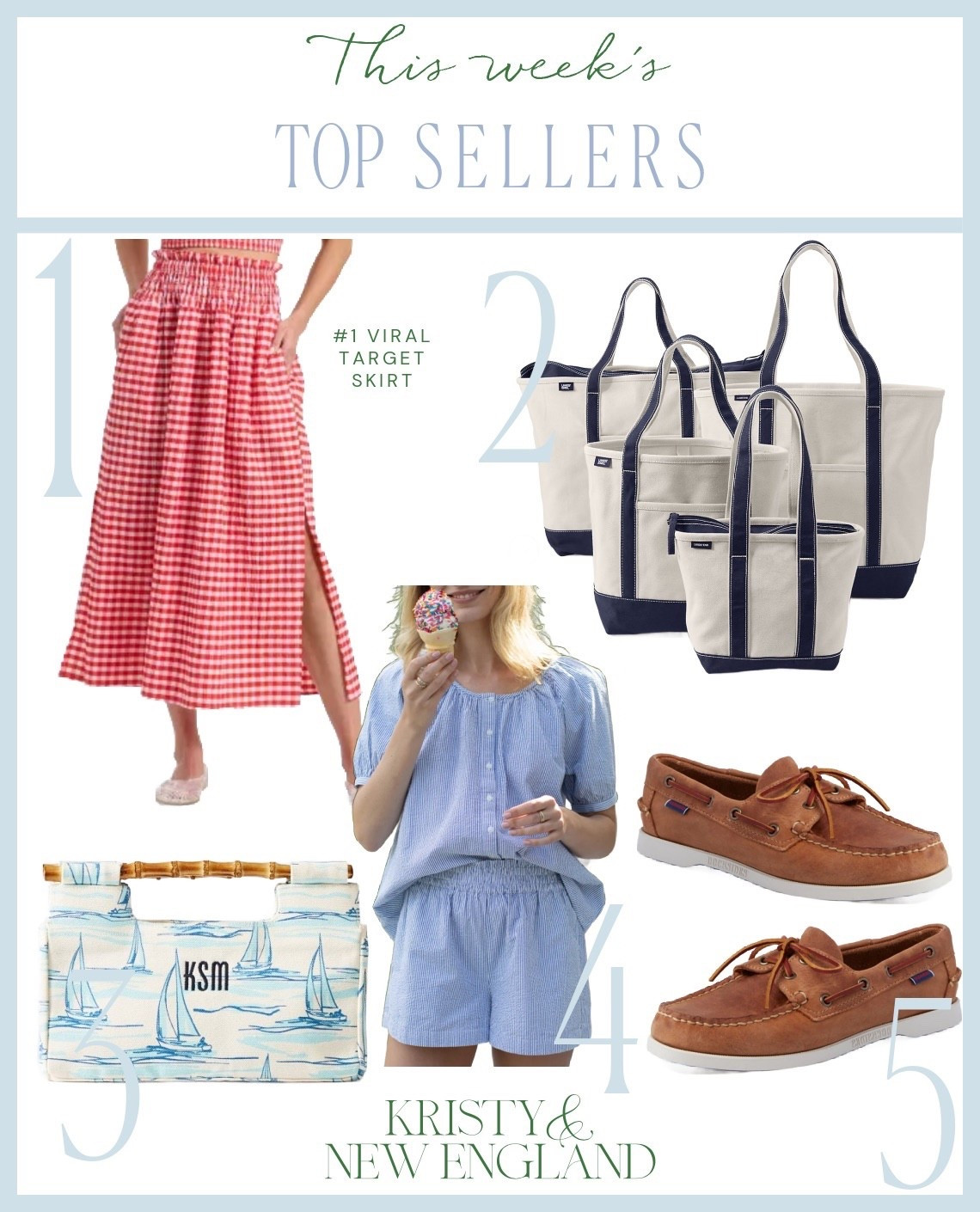 Top Sellers of the Week #1 Red Gingham Skirt #2 Canvas Tote Bag #3 Sailboat Clutch #4 Blue Stripe Top #5 Leather Boat Shoes

#LTKOver40 #LTKShoeCrush #LTKItBag