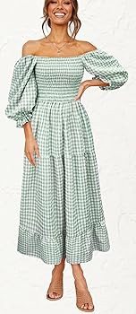 UIMLK Women's Boho Flowy Cottagecore Puff Sleeve Off The Shoulder Summer Casual Plaid Ruffle Midi... | Amazon (US)