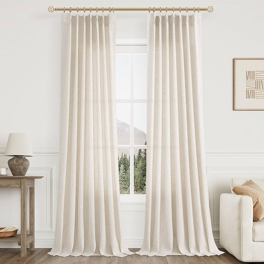 Pinch Pleated Linen Curtains 108 Inches long for Living Room 2 Panels Set Cream Beige Flax Pleat ... | Amazon (US)