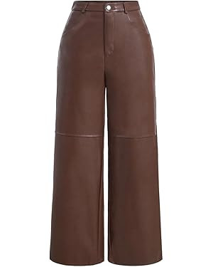 MAKEMECHIC Women's Leather Pants High Waist Wide Leg Pants Elastic Straight Party Trousers with P... | Amazon (US)