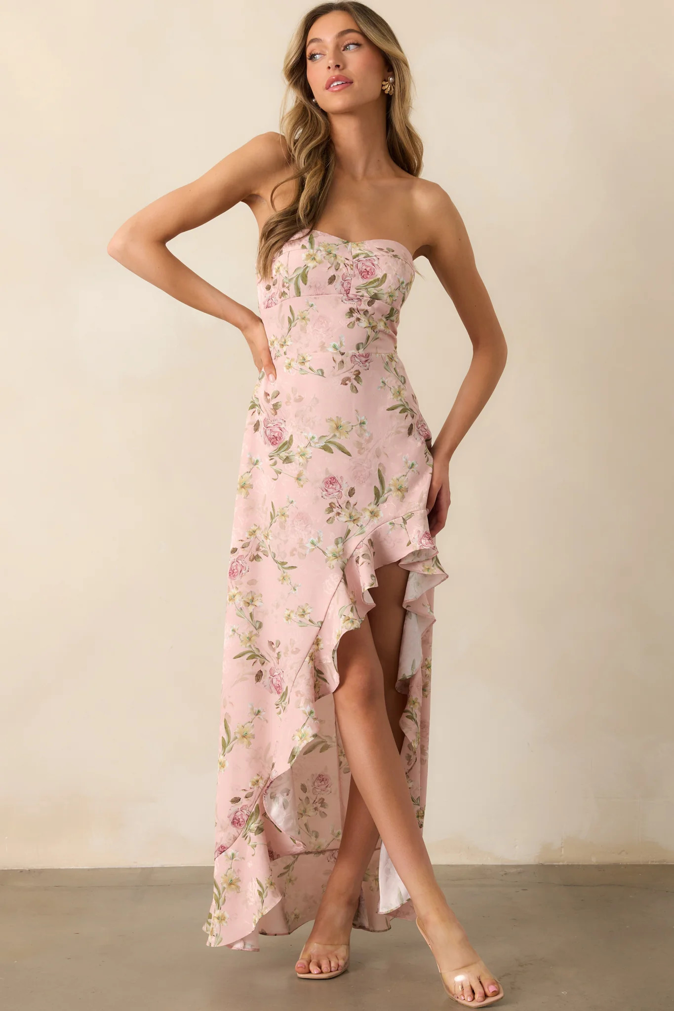 Ever After Light Pink Floral Jacquard Strapless High Low Dress | Red Dress