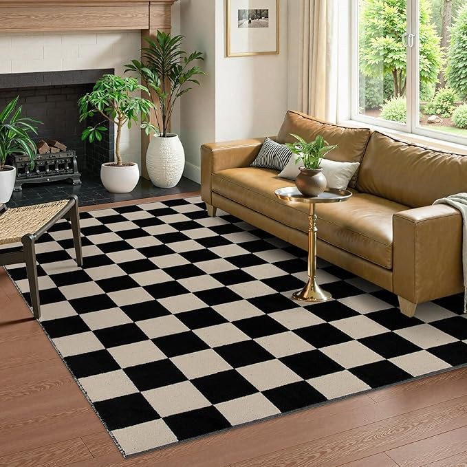 Lahome Checkered 5x7 Rug, Boho Large Black Area Rugs for Living Room, Cotton Woven Checkerboard C... | Amazon (US)