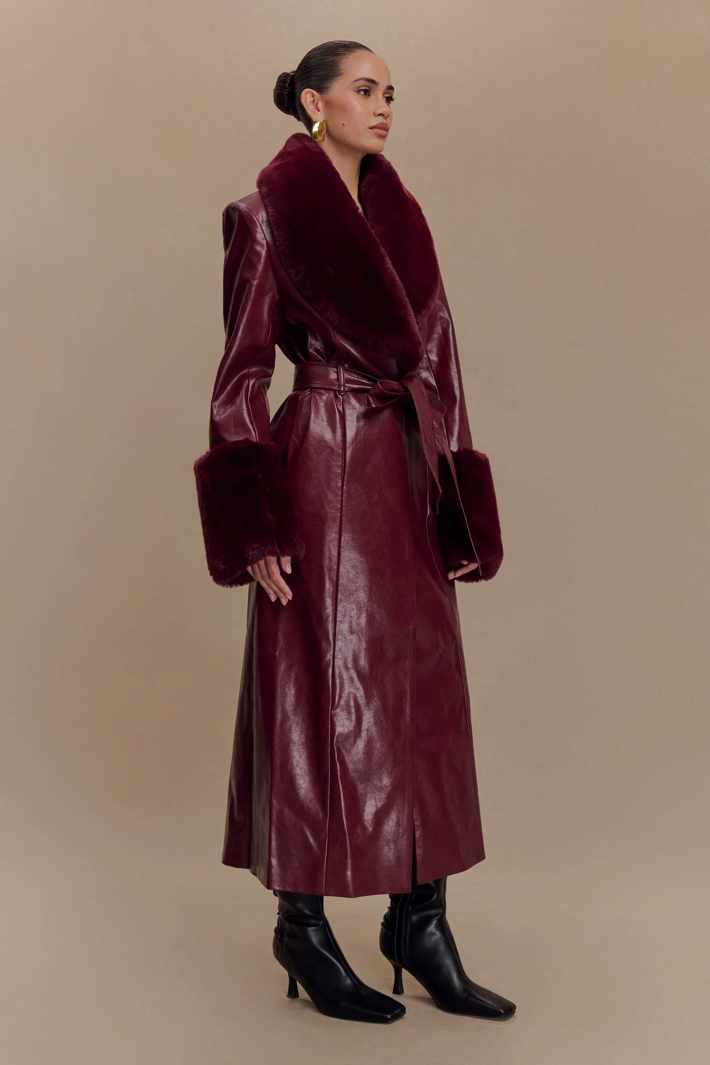 Bec Faux Leather Trench Coat With Faux Fur - Cherry Red | MESHKI US