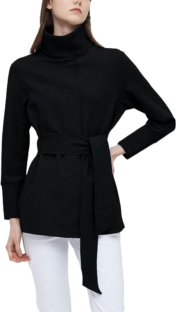 QIBABU Womens Belted Anset Jacket Stand Collar Long Sleeve Wrap Tie Waist Coat Button Up Transiti... | Amazon (US)