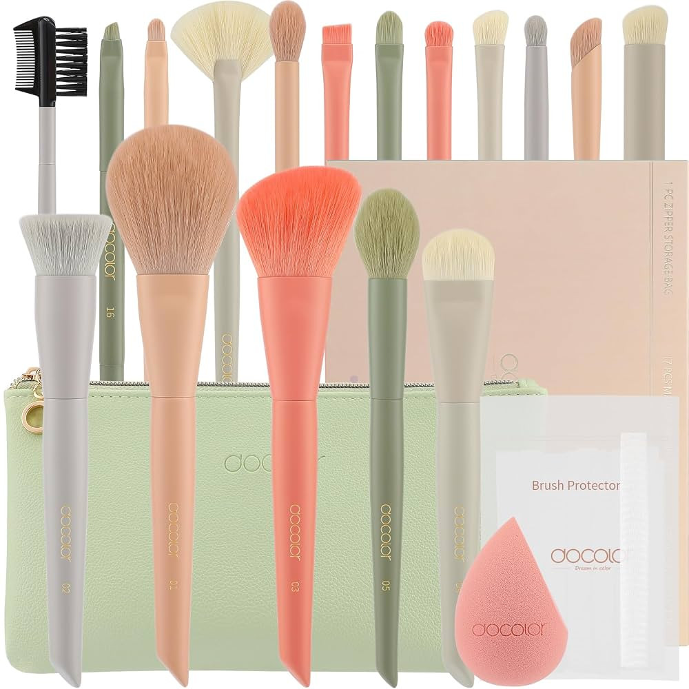 Docolor Makeup Brushes 17 Pcs with Makeup Bag and Makeup Sponge and Brush Protector Morandi Makeu... | Amazon (US)