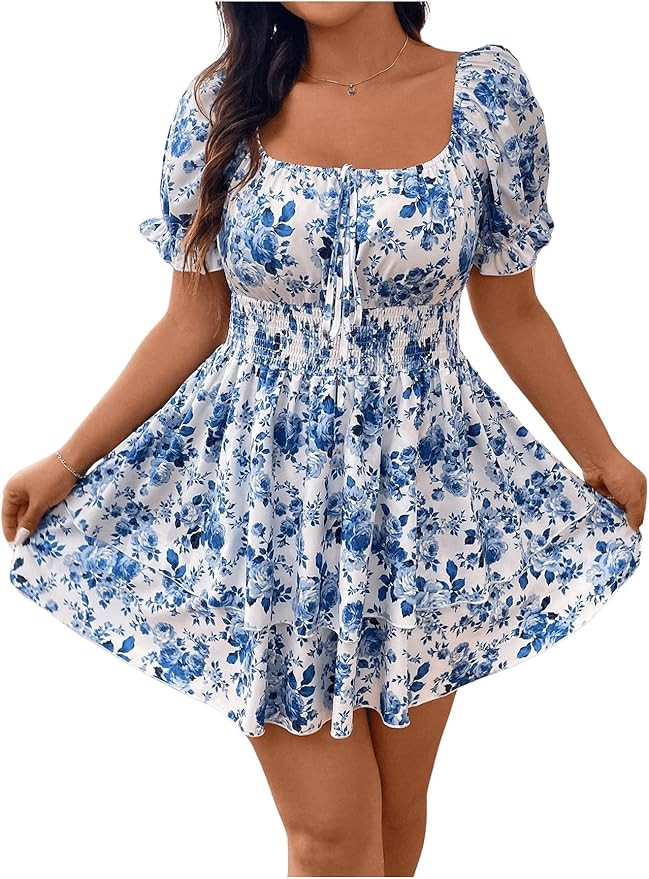 WDIRARA Women's Plus Size Floral Print Square Neck Puff Short Sleeve Dress Layered Ruffle Hem A L... | Amazon (US)