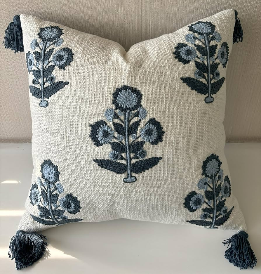 Hand Embroidered Russell Motif Decorative Square Accent Throw Pillow Cover - Couch, Sofa, Farmhou... | Amazon (US)
