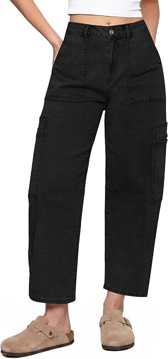 GRAPENT Barrel Jeans for Women Trendy High Waisted Cropped Cargo Pocket Baggy Stretch Denim Pants... | Amazon (US)