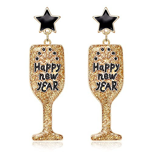 Happy New Year's Eve Champagne Bottle Earrings for Women Glitter Wine Glass Drop Dangle Earrings Christmas New Year Party Holiday Earrings Accessory Jewelry Gifts | Amazon (US)