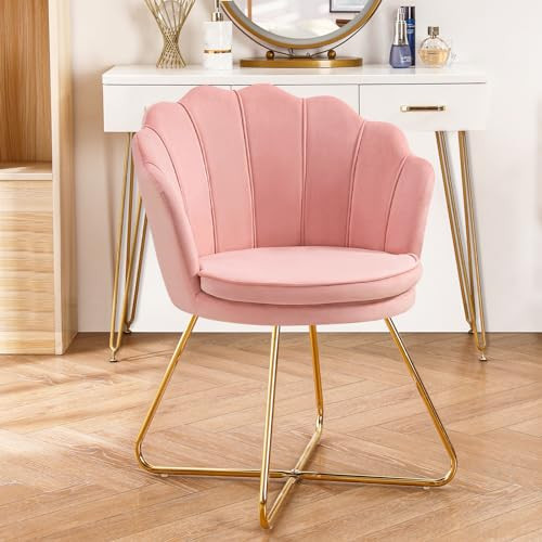 Furniliving Pink Vanity Chairs, Velvet Makeup Chair for Bedroom, Home Office Desk Chair with Gold Plating Legs, Cute Accent Chair for Makeup Room, Bedroom, Living Room, Guest Reception (Velvet Pink) | Amazon (US)