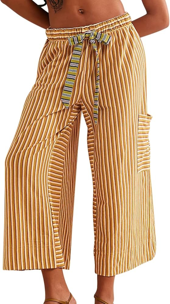Women's Wide Leg Striped Lounge Pants Mid Elastic Waisted Drawstring Beach Pants Trousers Pants w... | Amazon (US)