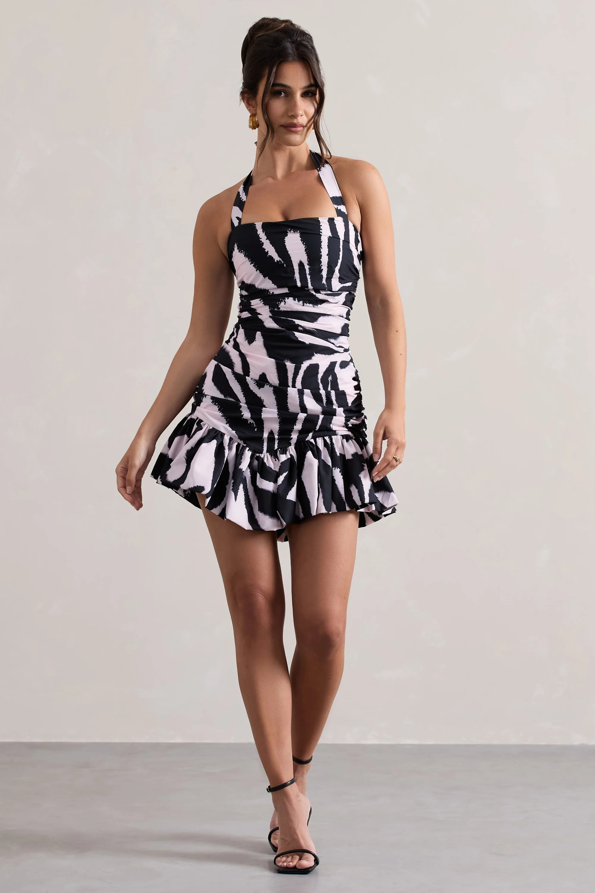 Zahra | Zebra Print Halter-Neck Ruched Mini Dress With Ruffle Hem | Club L London