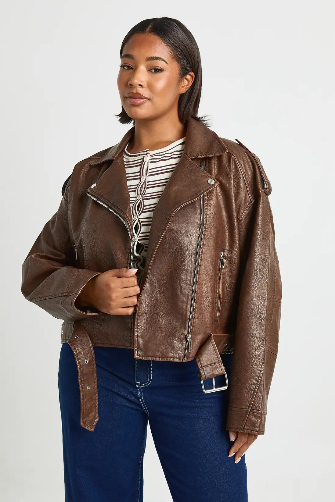 Brown Plus Vintage Faux Leather Crop Biker Jacket | Boohoo USA | boohoo (US & Canada)