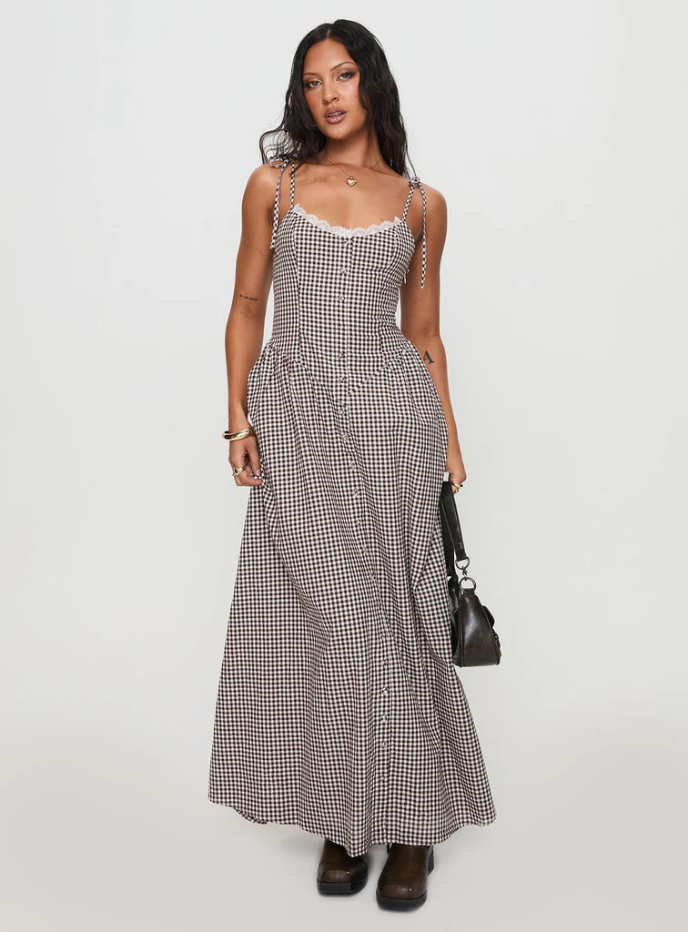 Dalanie Tie Strap Maxi Dress Brown Gingham | Princess Polly US