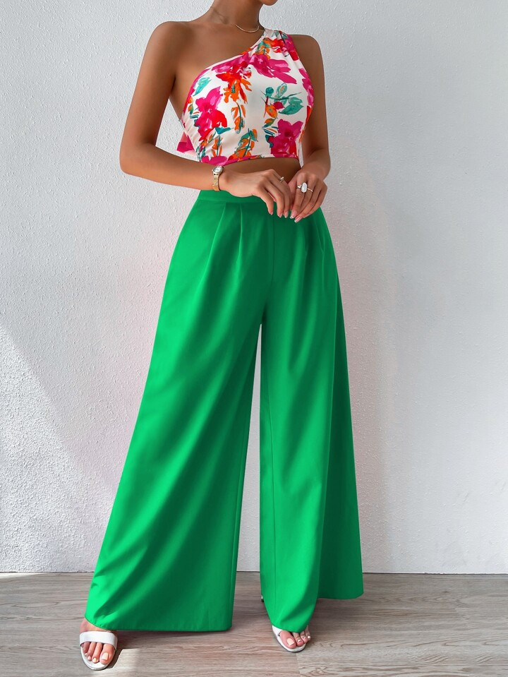 SHEIN VCAY Floral Print One Shoulder Tie Back Top & Wide Leg Pants | SHEIN USA | SHEIN
