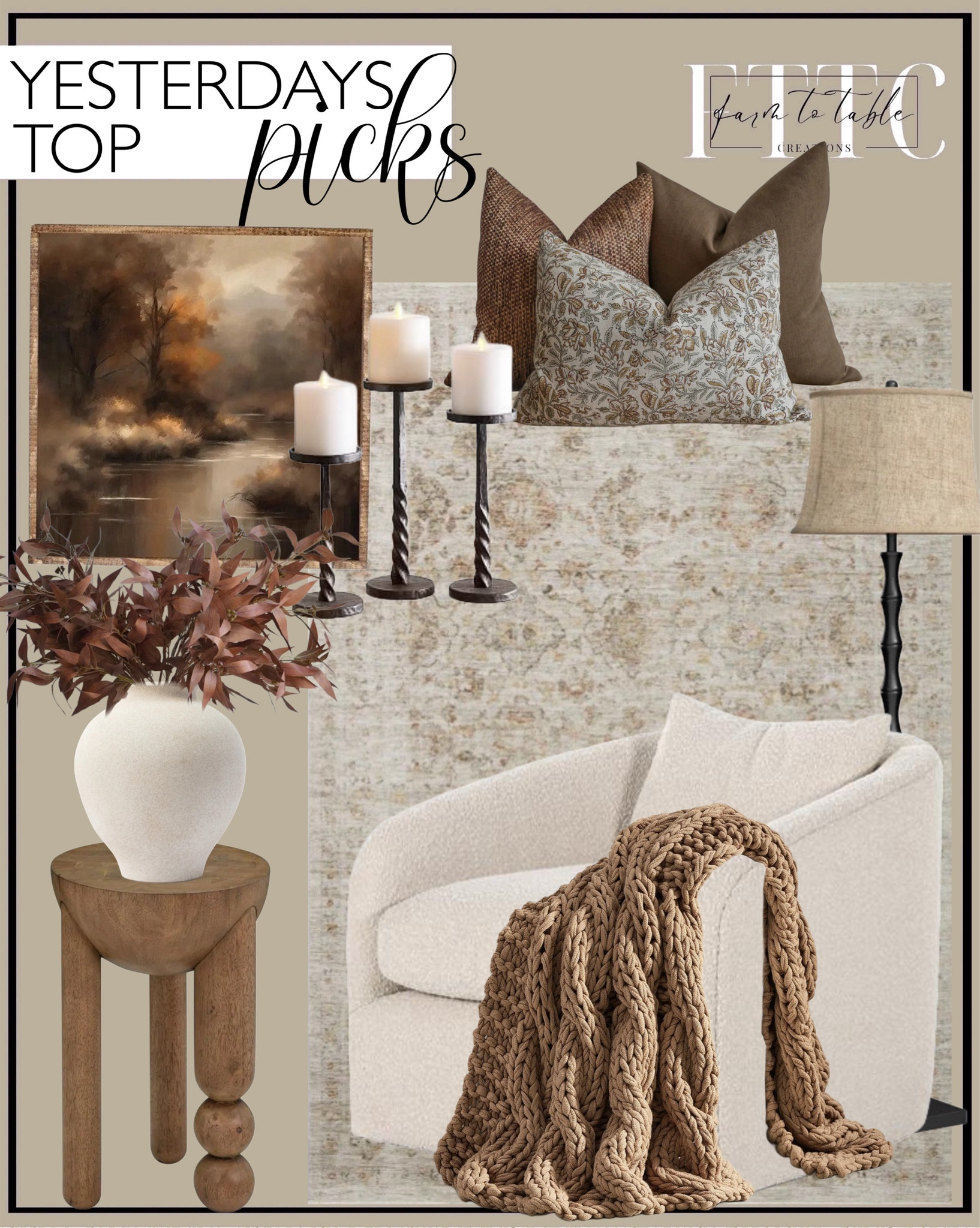 Yesterday’s Top Picks. Follow @farmtotablecreations on Instagram for more inspirational.

Beige Performance Boucle Swivel Occasional Barrel Chair. Calmness of the Stream Canvas Art. Hafner 62'' Black Traditional Floor Lamp. Colossal Handknit Throw. Indian Summer Pillow Cover Set. Hackner Home. Amber Lewis x Loloi Honora Rug. Easton Forged Pillar Candleholder. Morse Cognac Accent Table. McGee & Co. Krissan Vase. Eucalyptus leaf branch. 

Bedroom corner | Coffee Table Decor | Fall Decor | Fall Stem Sale | Target Finds | Skinny Bench | Bedroom | Living Room | Breakfast Nook | Amazon Home | Target Sale | Loloi Rugs | Magnolia Home | console table | console table styling | faux stems | entryway space | home decor finds | neutral decor | entryway decor | cozy home | affordable decor |  home decor | home inspiration | fall stems | fall console | spring vignette | fall decor | fall decorations | console styling | entryway rug | cozy moody home | moody decor | neutral home



#LTKHome #LTKSaleAlert #LTKFindsUnder50