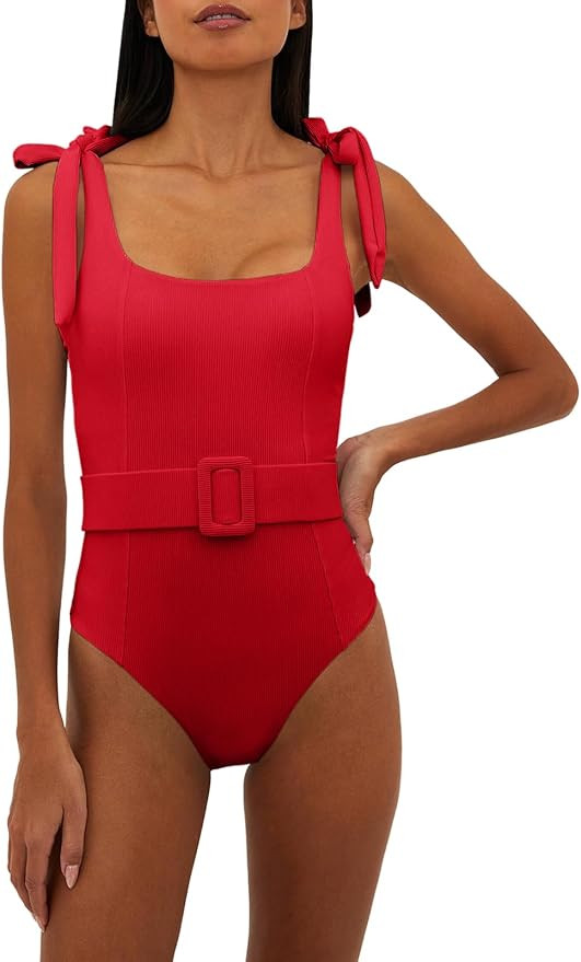 Saodimallsu Womens Sexy One Piece Bathing Suit High Cut Knit Square Neck Tied Strappy Swimsuit wi... | Amazon (US)