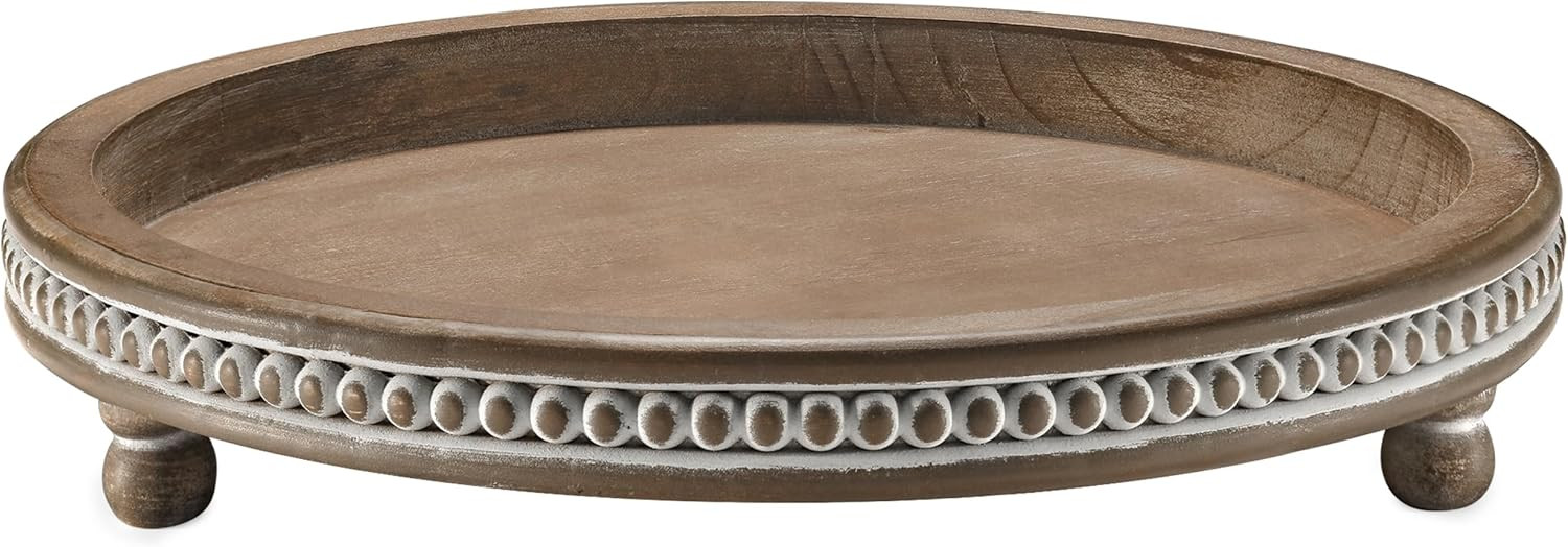 Handmade 12 Inch Decorative Tray, Small Beaded Tray Coffee Table Decor, Warm Brown Round Wooden T... | Amazon (US)