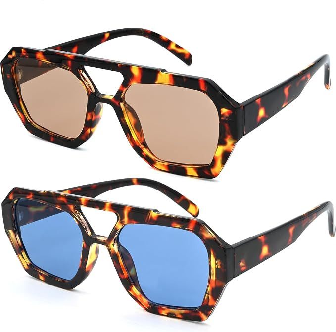 Trendy Hexagonal Aviator Sunglasses for Women Thick Square Frame Double Bridge Sun Glasses | Amazon (US)