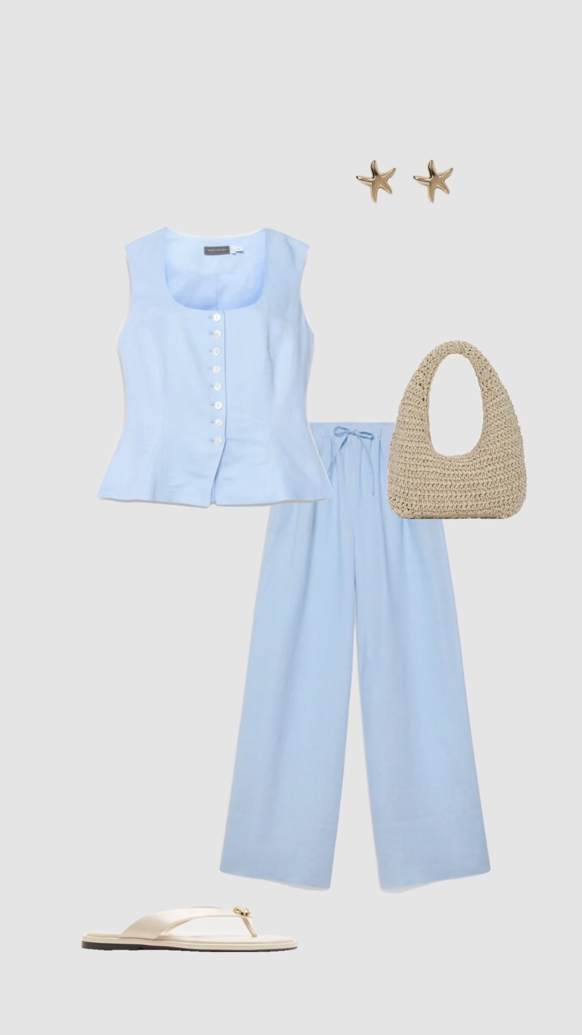 Baby Blue Linen Waistcoat Top, High Waisted Wide Leg Linen Trousers Co-ord Set, Cream Flip Flop Sandals & Woven Bag Summer Holiday Outfit 🌊💫🌞

The set of the summer! It’s also available in burgundy! 

Red, orange & white options for the trousers!  

• women’s vacation outfit brunch outfits date night outfit pub uk hen do co-ord set spring outfits classy modest outfit city break outfits trendy outfit starfish holiday jewellery earrings Mykonos Greece Ibiza Majorca Marbella Spain euro summer Portugal wedding guest outfit straw hobo beach club bag •

#LTKuk #LTKspring #LTKtravel