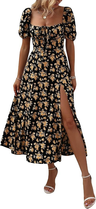 WDIRARA Women's Floral Print Tie Front Square Neck Short Sleeve Split Thigh Dress | Amazon (US)
