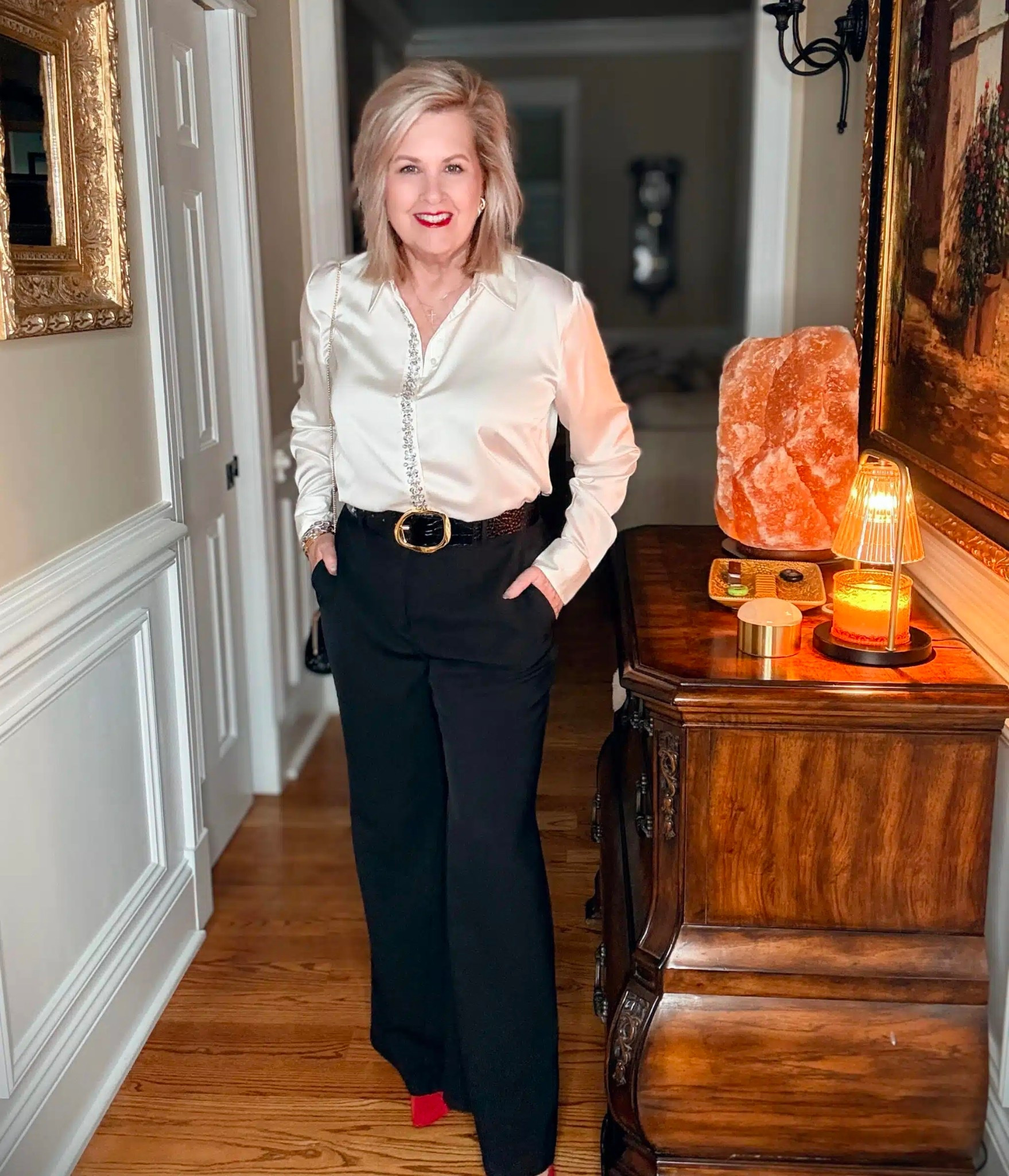 Classic black and white outfit for 2026! My satin blouse is a large | pants size 10 | belt size large | office outfit | date night 

#LTKHoliday #LTKootd #LTKWorkwear