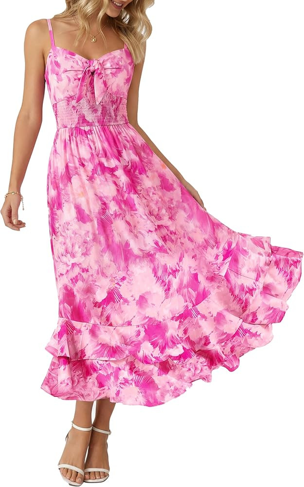 GRACE KARIN Women's Summer Floral Maxi Dress Spaghetti Strap A Line Beach Boho Dresses Ruffle Tie... | Amazon (US)
