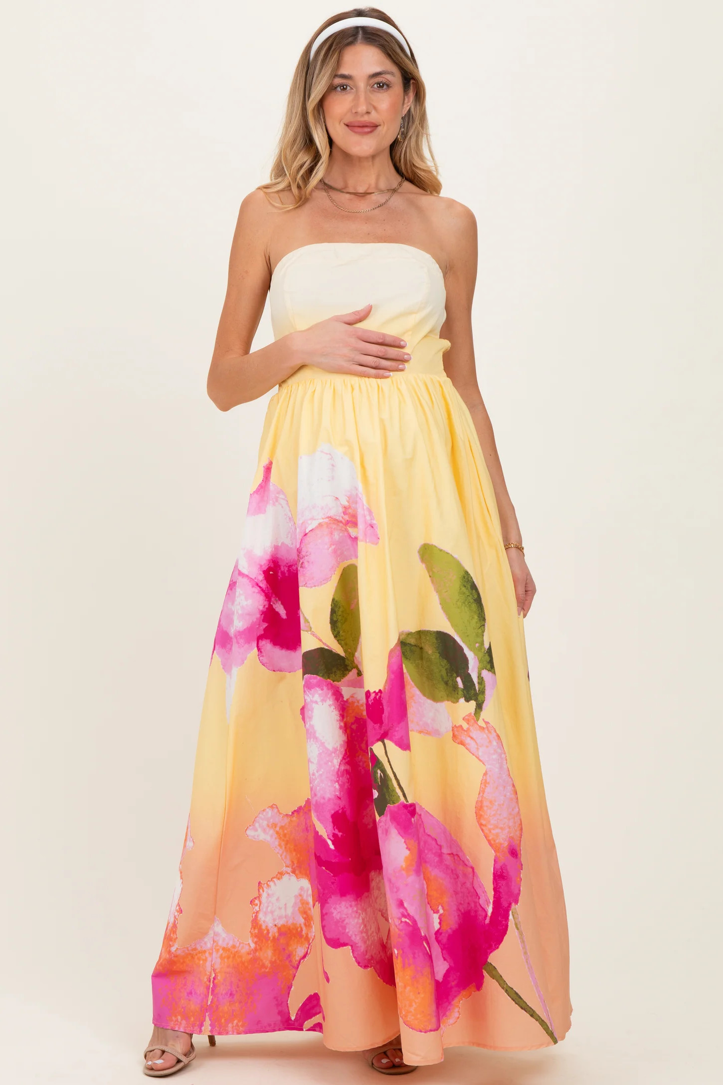 Light Yellow Floral Strapless Maternity Maxi Dress | PinkBlush Maternity