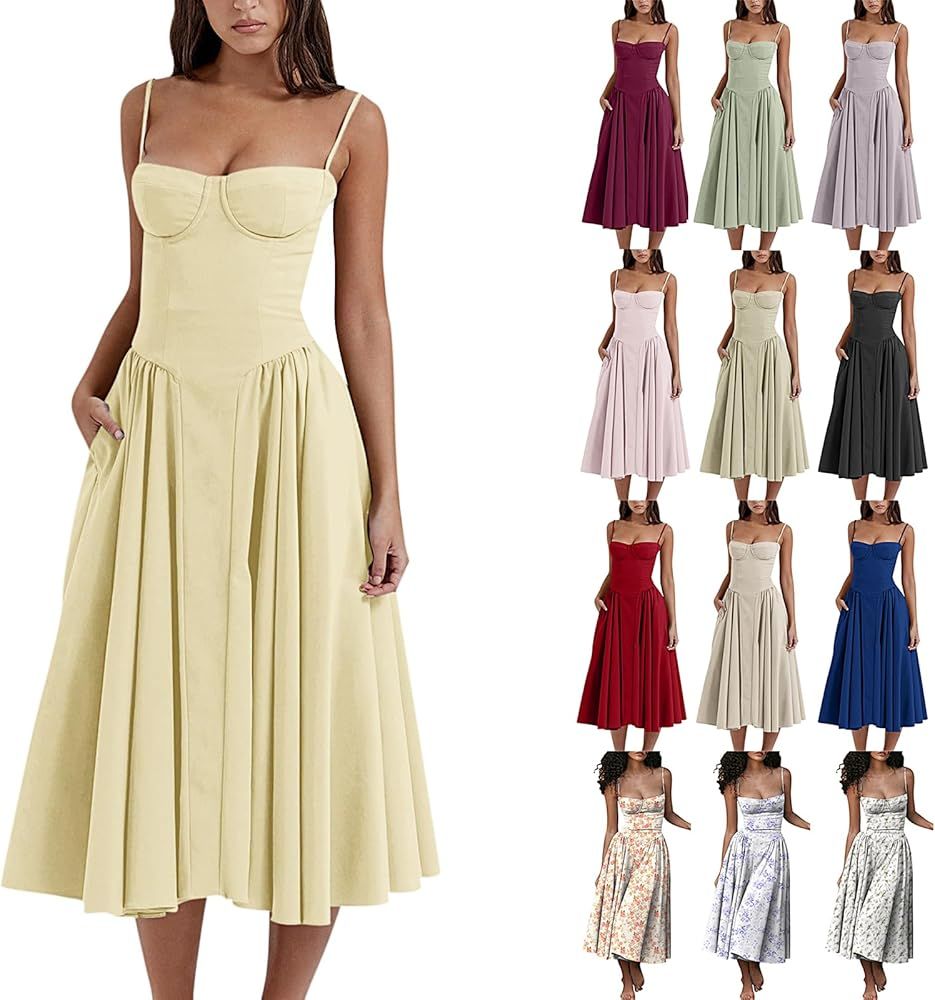 Women Corset Dress Floral Bustier Dress Summer Spaghetti Strap Cottagecore Dress Elegant Midi Dre... | Amazon (US)