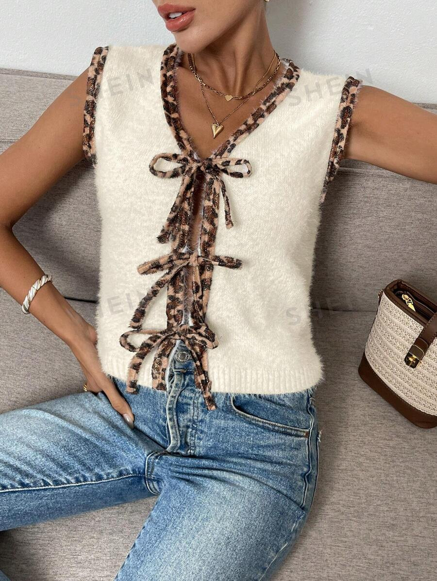 SHEIN Frenchy Women's Autumn/Winter Patchwork Leopard Print V-Neck Lace-Up Front Fashion Knitted ... | SHEIN