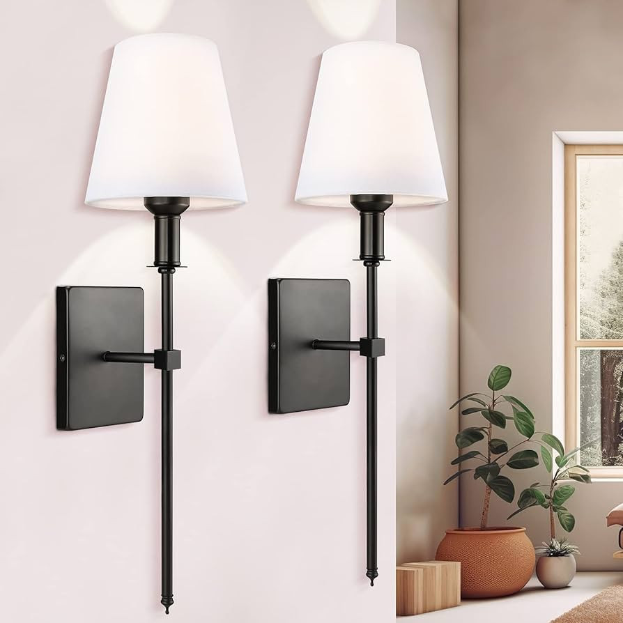 SoodMi Wall Sconces Sets of 2, White Fabric Shades Wall Sconces, Retro Industrial Wall Lamps, Bat... | Amazon (US)