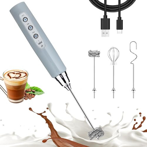 Nahida Cement Gray Milk Frother Wand for Coffee, Frother Handheld Rechargeable Electric Whisk with 3 Heads 3 Speeds Drink Mixer Coffee Frother Foam Maker For Latte, Cappuccino, Hot Chocolate, Egg | Amazon (US)