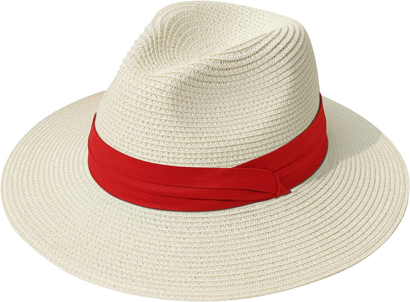 Lanzom Women Wide Brim Straw Panama Roll up Hat Belt Buckle Fedora Beach Sun Hat UPF50+ | Amazon (US)