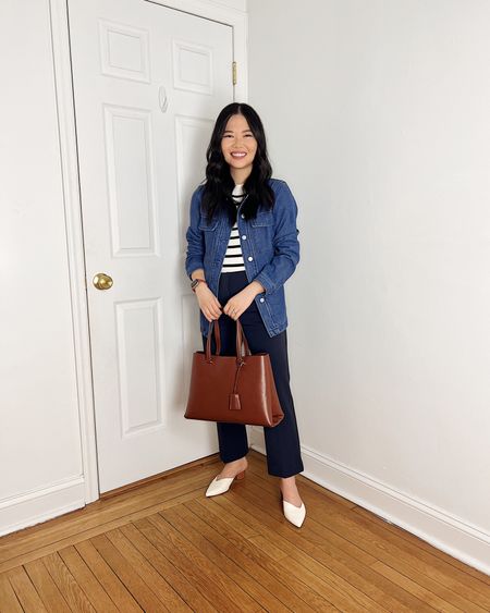 Denim shirt jacket (SP)
Black and white striped tank  (XS)
High waisted navy pants (4P)
Dark brown tote bag 
White pumps  (1/2 size up)
White mule pumps
Business casual outfit 
Smart casual outfit 
Ann Taylor outfit 
Spring outfit 
Neutral work outfit 
Teacher outfit

#LTKSeasonal #LTKworkwear #LTKfindsunder100