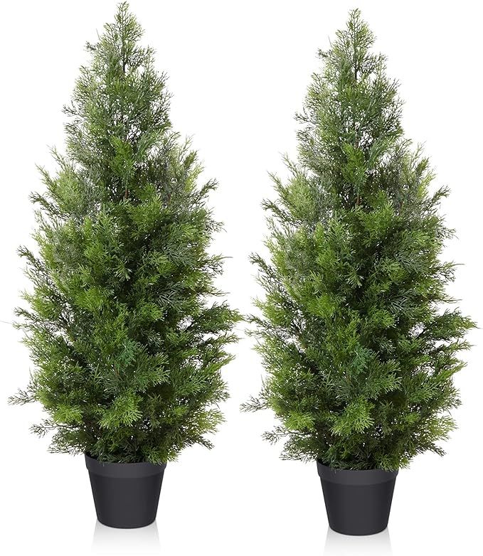 LOMANTO Outdoor Artificial Topiary Cedar Tree 2Pack Fake Tree 3Ft UV Rated Potted Plants for Porc... | Amazon (US)