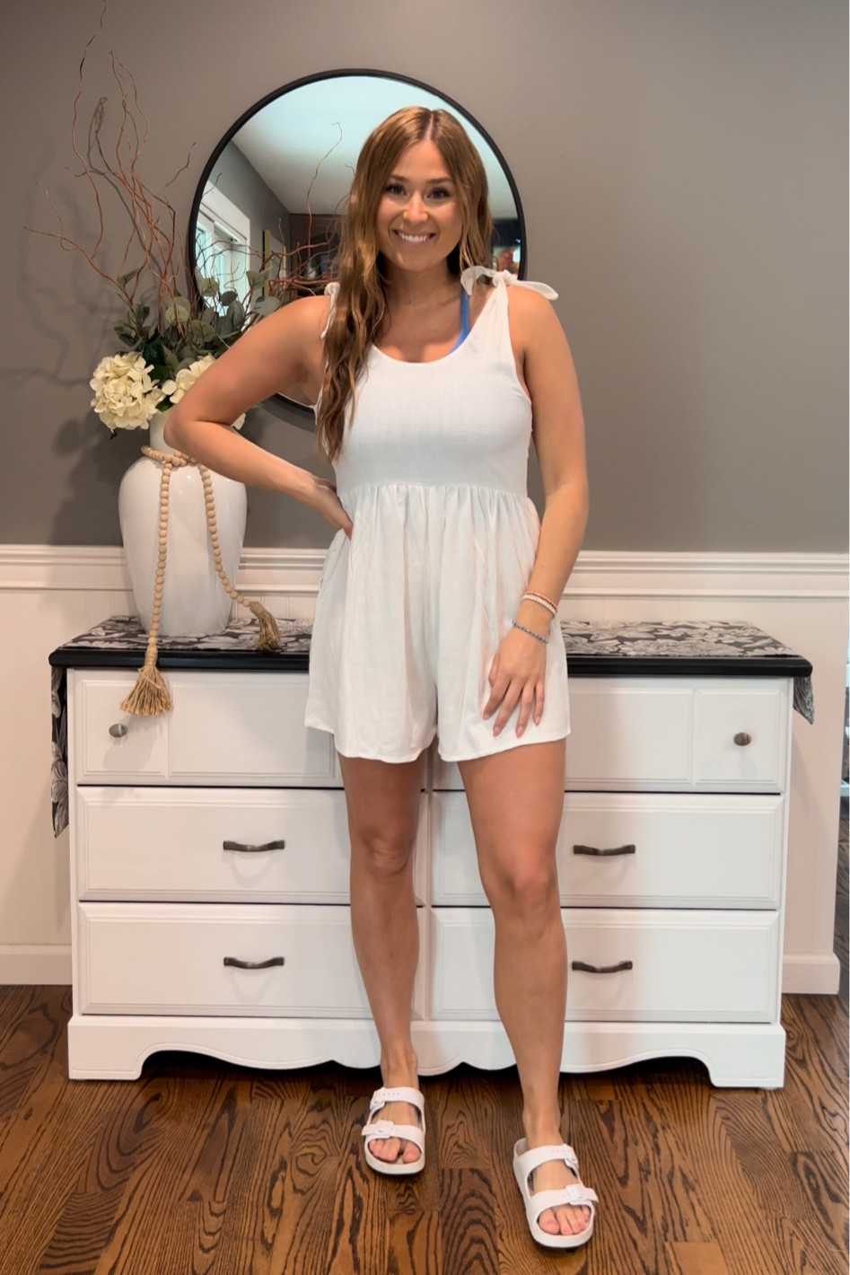 white linen romper. blue free people dupe tank 

#LTKstyletip #LTKunder50 #LTKunder100