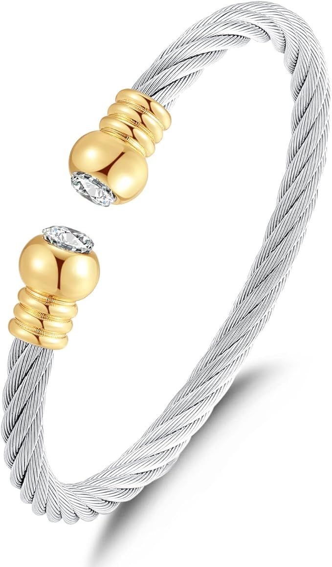Tiyad Twisted Wire Cable Bracelet Adjustable Stainless Steel Two Tone Cable Cuff Bangle Bracelet ... | Amazon (US)