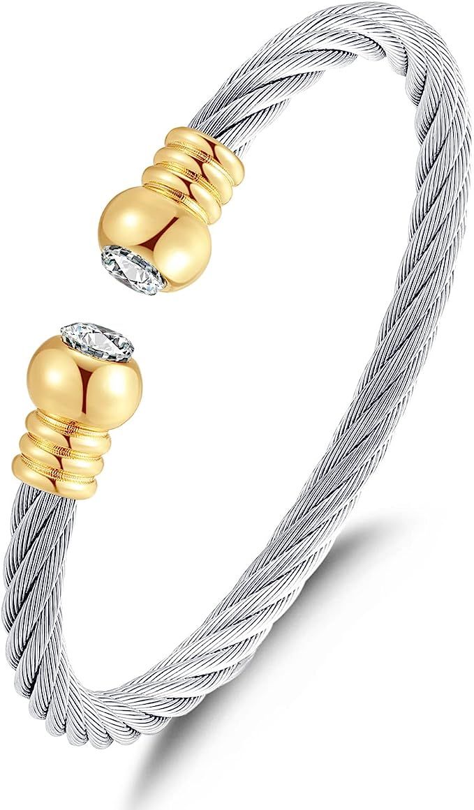 Tiyad Twisted Wire Cable Bracelet Adjustable Stainless Steel Two Tone Cable Cuff Bangle Bracelet ... | Amazon (US)