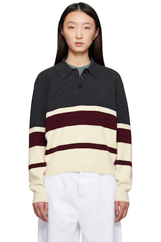 Róhe - Gray & Burgundy Compact Knitted Striped Polo | SSENSE