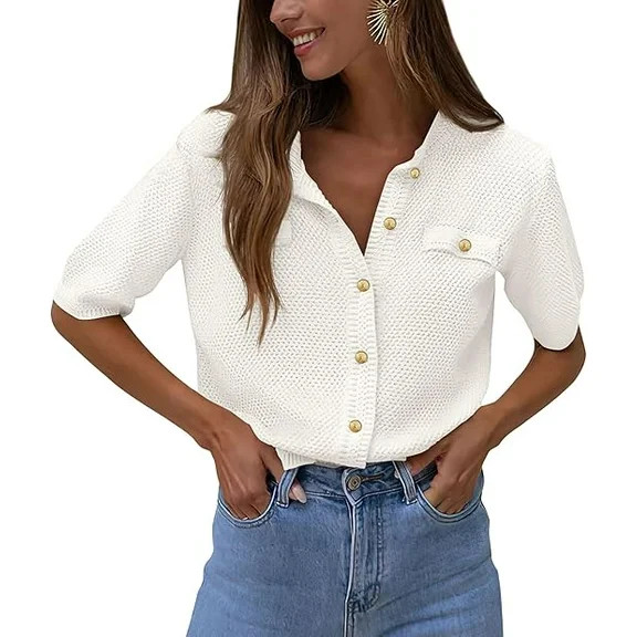 PRETTYGARDEN Women's Summer Button Down Shirts Casual Short Sleeve Crew Neck Ribbed Knit Blouse T... | Walmart (US)