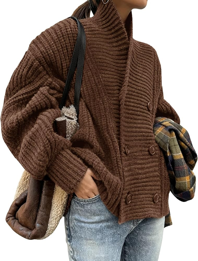 Xiaoxuemeng Womens Knitted Cardigan Sweater Button Down Shawl Collar Cardigan Jackets Chunky Ribb... | Amazon (US)