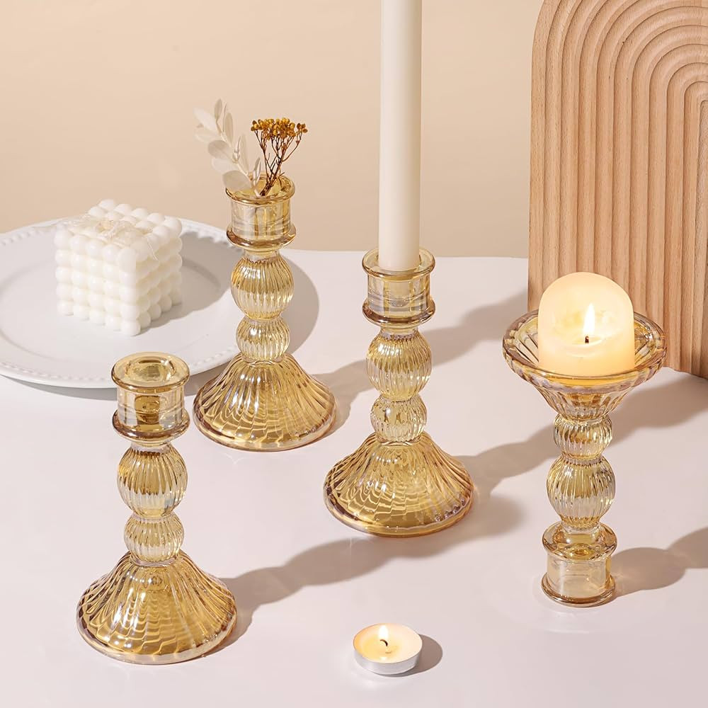 Gold Candlestick Holders Set of 4 - Vertical Stripe Glass Candle Holders for Candlesticks and Tap... | Amazon (US)