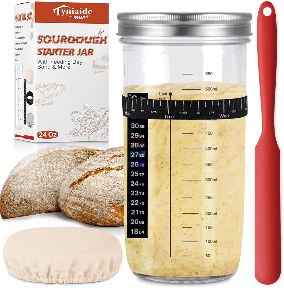 Sourdough Starter Jar Kit, 650ml Sourdough Starter Jar With Thermometer, Silicone Scraper, Cloth ... | Amazon (US)