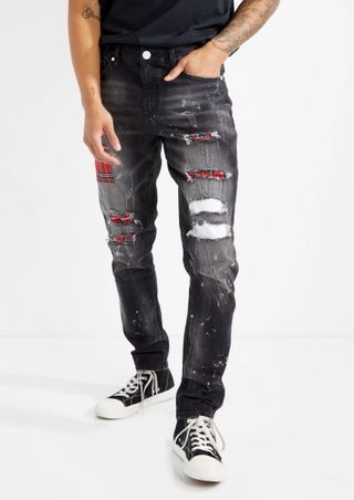 Black Ripped Patchwork Backed Slim Taper Jeans | rue21