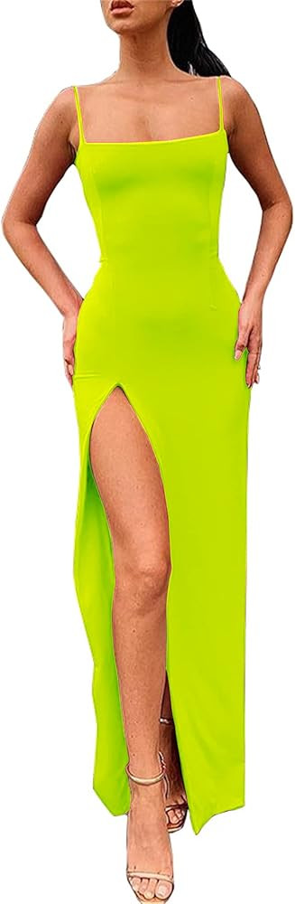 PRIMODA Women's Spaghetti Strap Backless Thigh-high Slit Bodycon Maxi Long Dress Club Party Dress | Amazon (US)