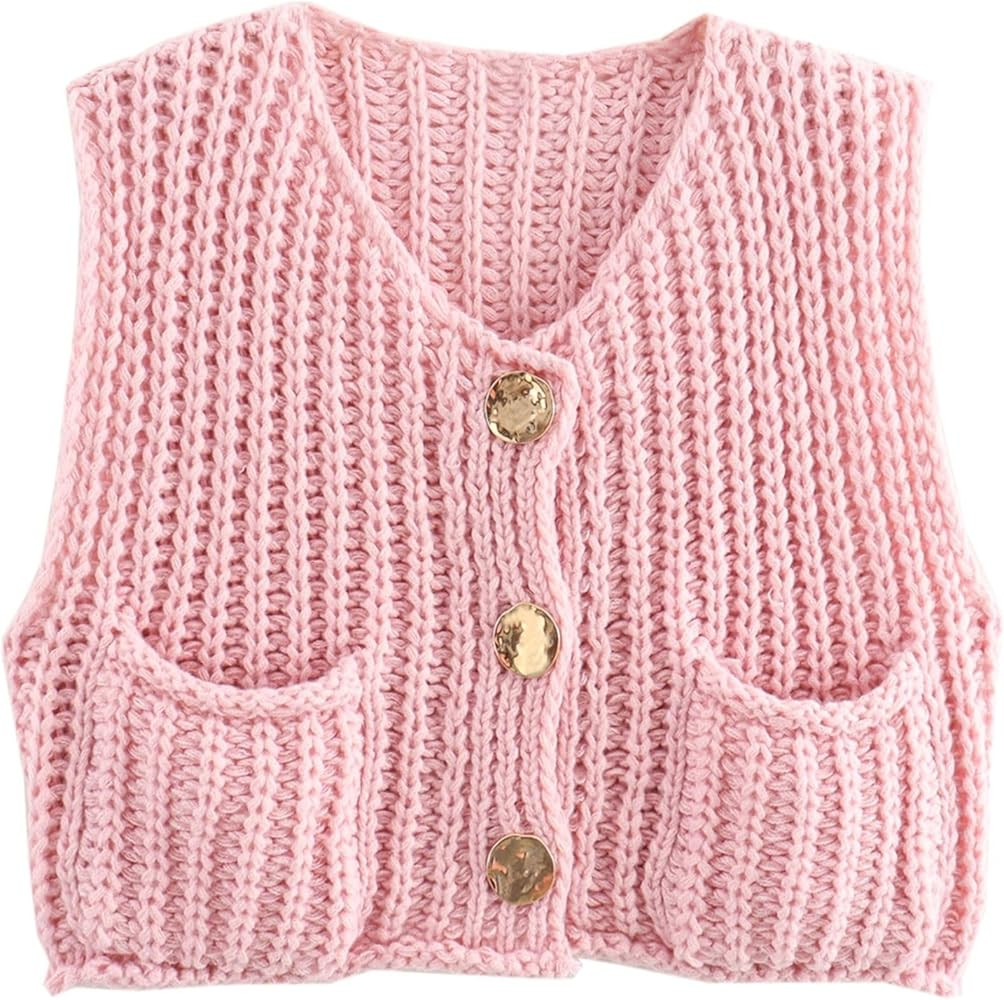 FindThy Women’s Cropped Sweater Vest Cute Crewneck Button Down Sleeveless Crop Knit Cardigan wi... | Amazon (US)