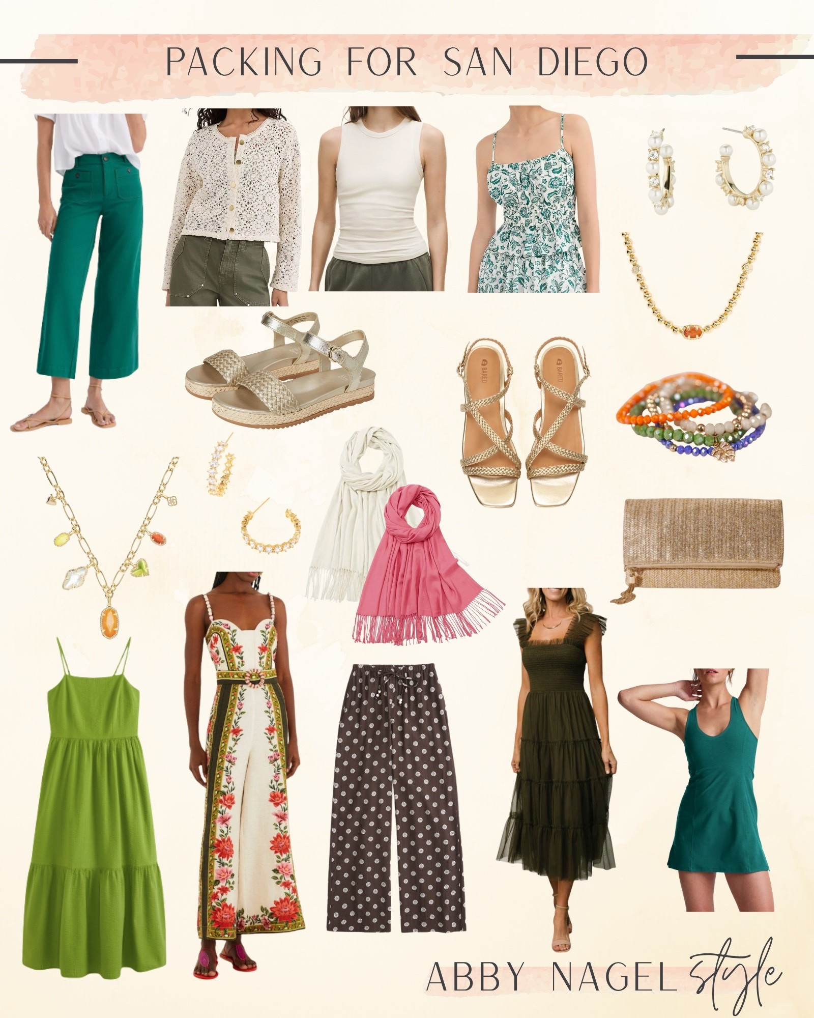 Items that I’m packing for San Diego.  Comfortable flat sandals. Colorful accessories. Easy dresses. Scarves for added warmth. Versatile clutch & items that mixed and match. ￼